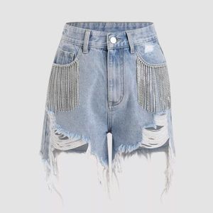Cider Diamond Tassels Ripped Denim Shorts